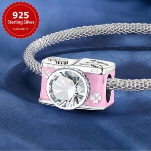 New! Pink Camera 925 Sterling Silver w Sparkling Cubic Zirconia Charm w Gift Bag